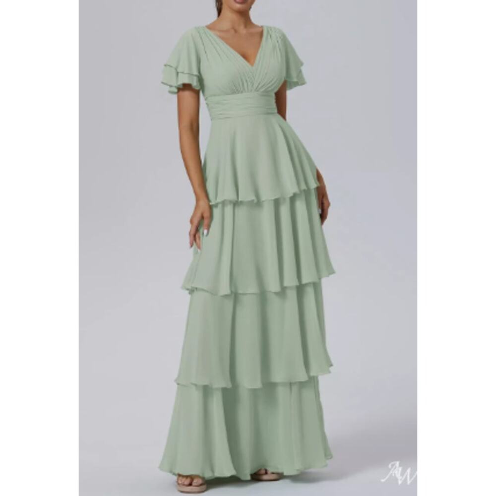 AW BRIDAL 10 L sage green Luisa chiffon bridesmaid formal maxi dress NEW B69